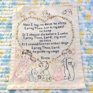 Vintage Needlepoint Sampler of Childs Prayer Large‎ 17.5" x21" Now I lay me down